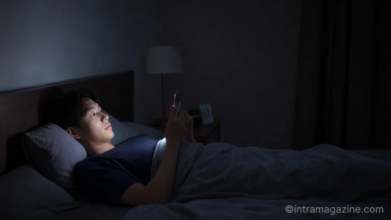 어두운 방 안에서 한 사람이 스마트폰을 들여다보고 있는 모습