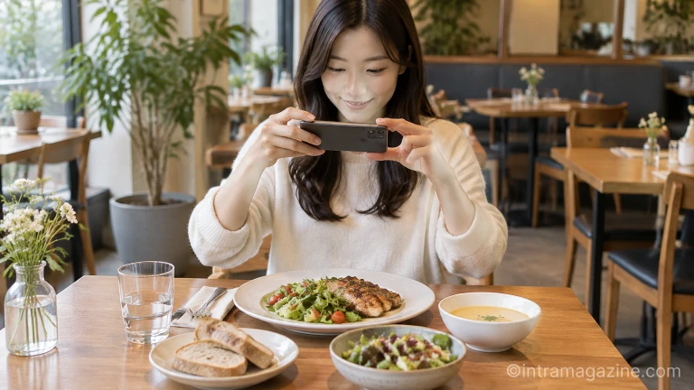 식당 테이블에 놓인 요리를 스마트폰 카메라로 촬영하고 있는 손의 모습