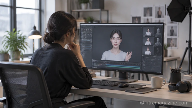 모니터 화면에 나타난 인공지능 기반 가상 모델 영상과 이를 점검하는 작업 환경