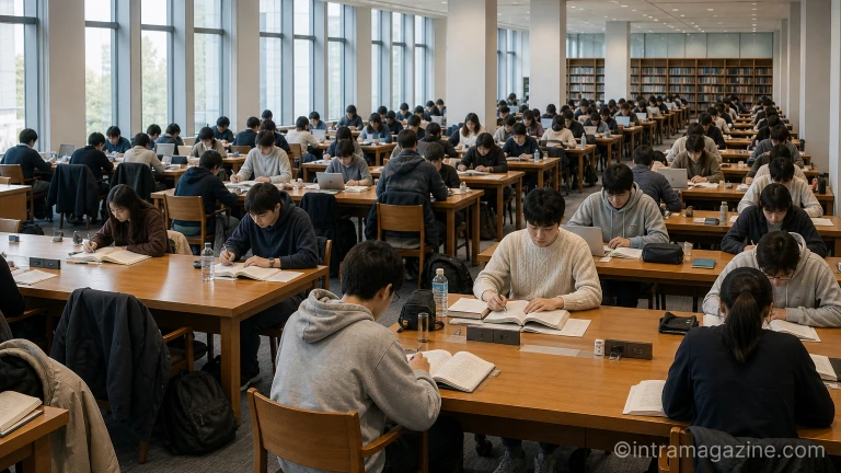 도서관에서 공부에 열중하고 있는 학생들