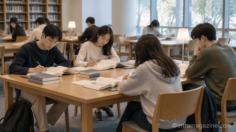 대학 도서관 책상에서 책과 노트를 펼쳐두고 공부에 몰두하는 대학생들