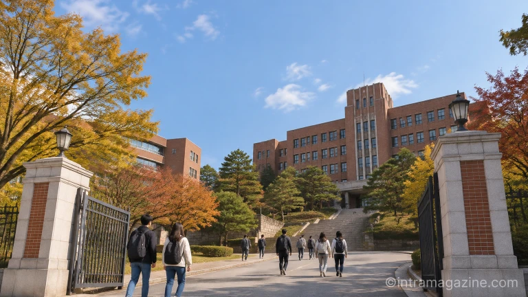 가을 하늘 아래 서강대학교 캠퍼스 전경과 교정을 거니는 학생들의 모습
