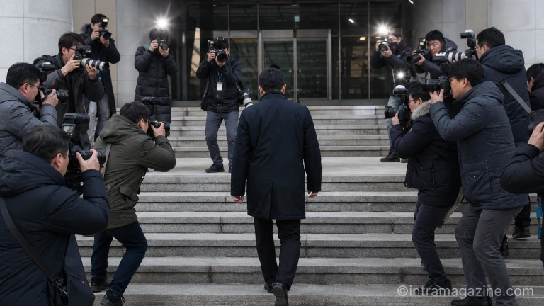 법원 청사 입구에서 취재진 사이로 출석하는 피의자의 모습