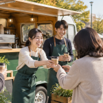 야외 커피 트레일러 앞에서 바리스타 직원들이 시민들에게 커피를 건네는 모습