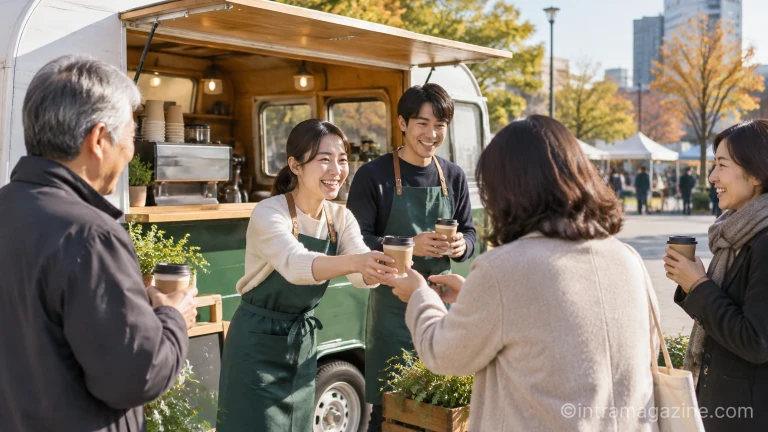 야외 커피 트레일러 앞에서 바리스타 직원들이 시민들에게 커피를 건네는 모습