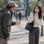 도심 길거리에서 낯선 사람의 접근을 경계하는 시민 모습