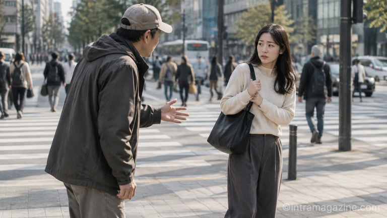 길거리 범죄 주의 , 도심 길거리에서 낯선 사람의 접근을 경계하는 시민 모습