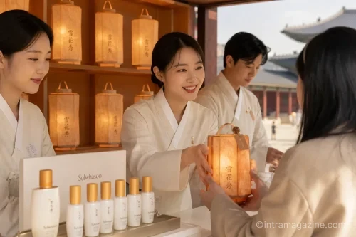 경복궁에 마련된 설화수 브랜드 부스와 증정품인 초롱, 윤조에센스