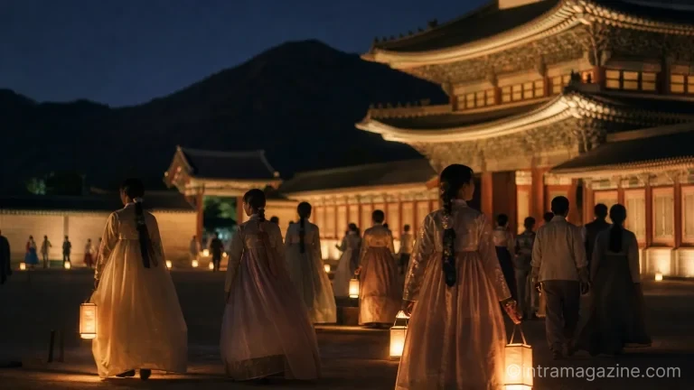 한복을 입은 관람객들이 설화수 초롱을 들고 경복궁의 야경을 즐기는 모습