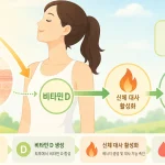 햇빛 속 자외선B가 피부에서 비타민D를 합성해 신진대사를 촉진하는 원리를 설명하는 일러스트