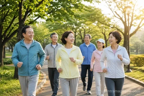 여러 사람들이 야외 공원에서 함께 걷기 운동을 하며 신체 활동을 하고 있다.