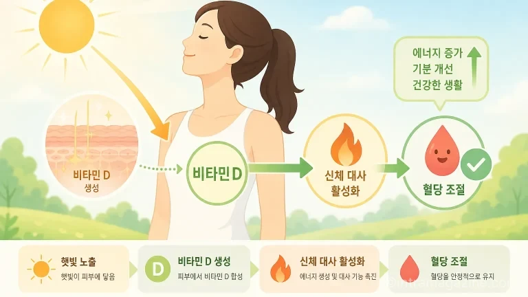 햇빛 속 자외선B가 피부에서 비타민D를 합성해 신진대사를 촉진하는 원리를 설명하는 일러스트