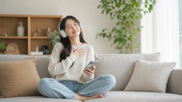 헤드폰을 쓰고 스마트폰으로 음악을 들으며 감상에 젖은 사람