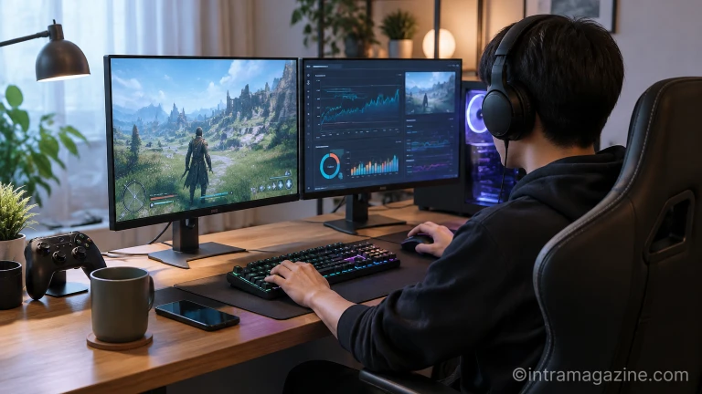 PC 모니터 화면에 게임 진행 창과 스팀 인터페이스가 나란히 열려 있는 데스크 전경