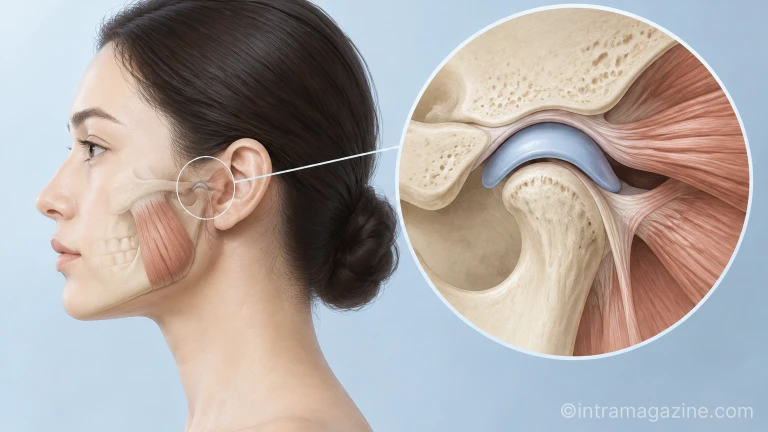 턱관절과 주변 저작근 구조를 보여주는 의학 일러스트