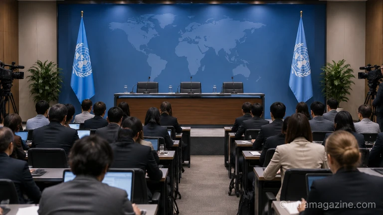 국제 공식 기자회견장의 마이크와 브리핑 단상