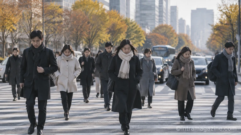 찬바람이 부는 도심 출근길에서 옷깃을 여미며 횡단보도를 건너는 시민들의 모습이 담긴 오늘날씨 현장
