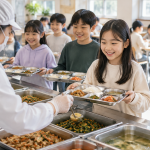 초등학교 급식실에서 전통식품 반찬이 담긴 식판을 받는 학생들의 모습