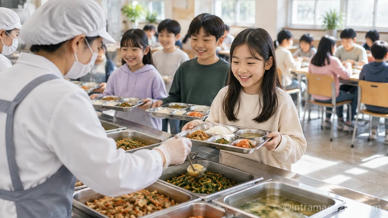 초등학교 급식실에서 전통식품 반찬이 담긴 식판을 받는 학생들의 모습