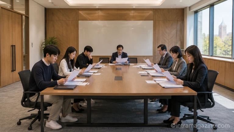 등록금심의위원회 회의 탁자에 지출 계획 서류가 놓여 있는 모습