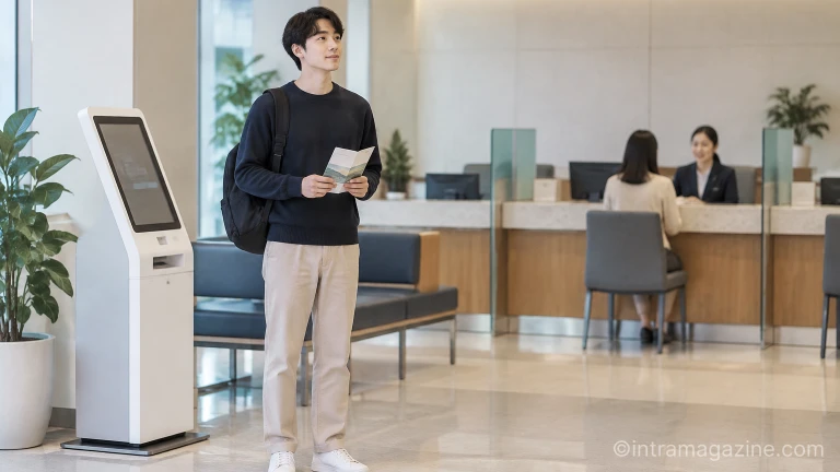 은행 창구에서 금융 상품 안내 책자를 들고 있는 고객의 모습