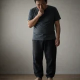 체중계 위에서 걱정하며 몸무게를 확인하는 사람