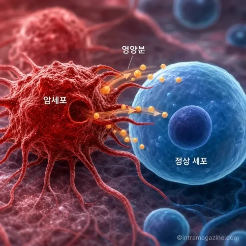 암세포의 영양분 소모 과정을 나타낸 의학 삽화