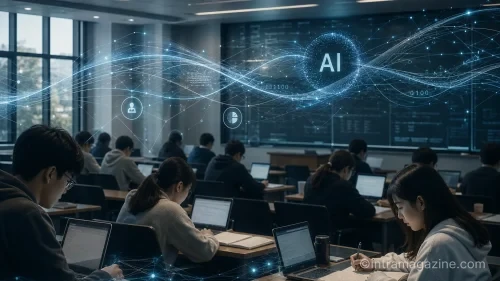 AI  부정행위가 확산한 가운데 대학 강의실에서 공부하는 학생들과 그 주위를 감싸는 인공지능 데이터 흐름을 형상화한 일러스트