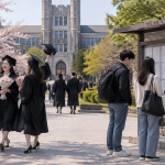 대학교 교정에서 학사모를 쓴 학생들과 취업 공고 게시판을 바라보는 청년들의 모습