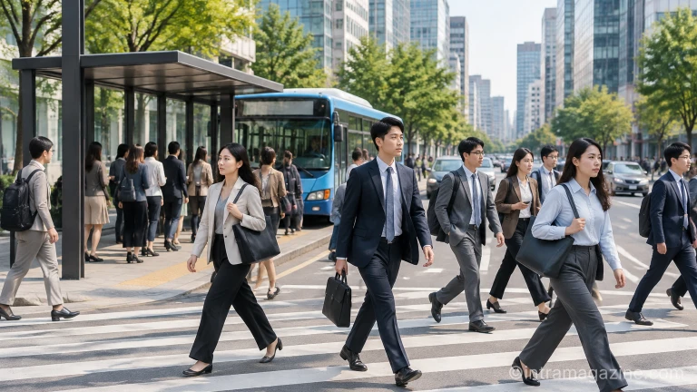 출근 시간대 도심 거리를 이동하는 청년 직장인들의 모습