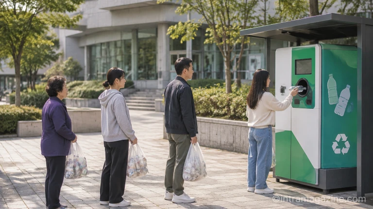 주민센터 인근에 설치된 재활용품 무인회수기 앞에 줄을 서서 차례를 기다리는 이용자들의 모습