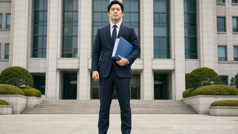 정부 청사 앞에서 서류철을 든 공무원