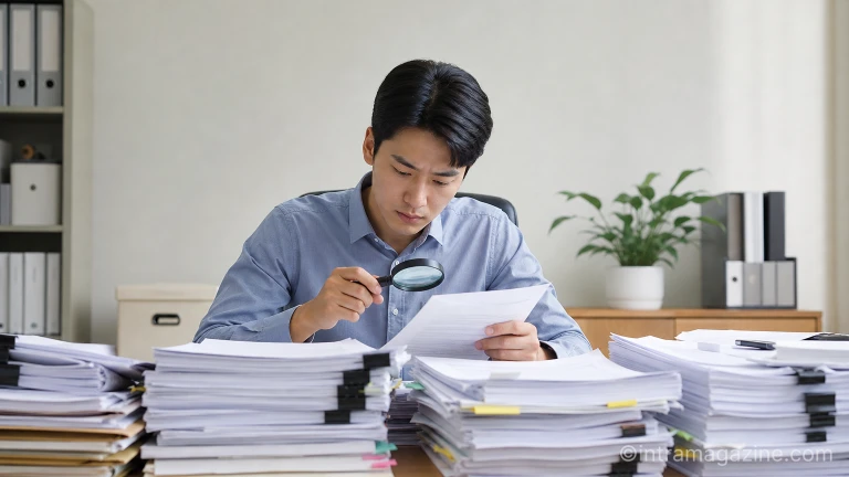 돋보기로 산림법인 관련 서류를 검토하는 모습
