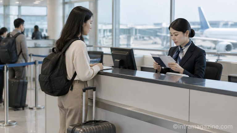 공항 카운터에서 여행객의 서류를 확인하는 항공사 직원