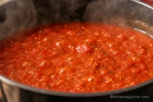 냄비에서 맛있게 가열하여 조리 중인 토마토 소스