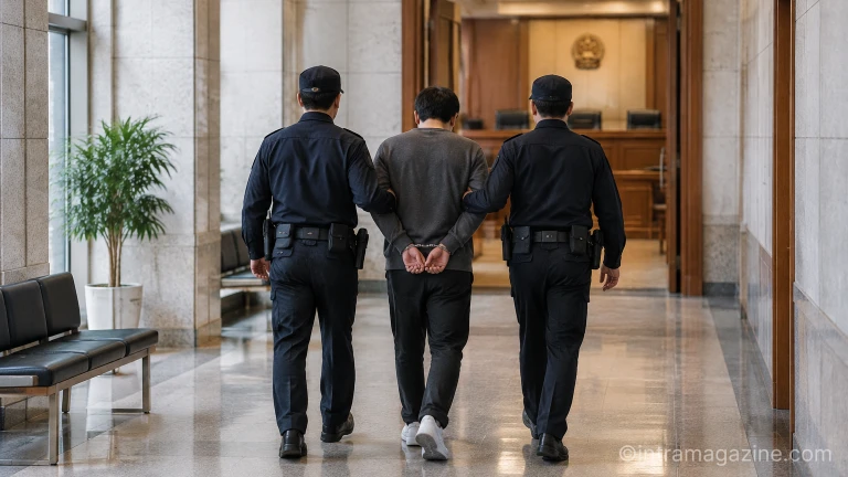 법원 청사 복도를 따라 영장실질심사 법정으로 들어서는 피의자와 호송 인력