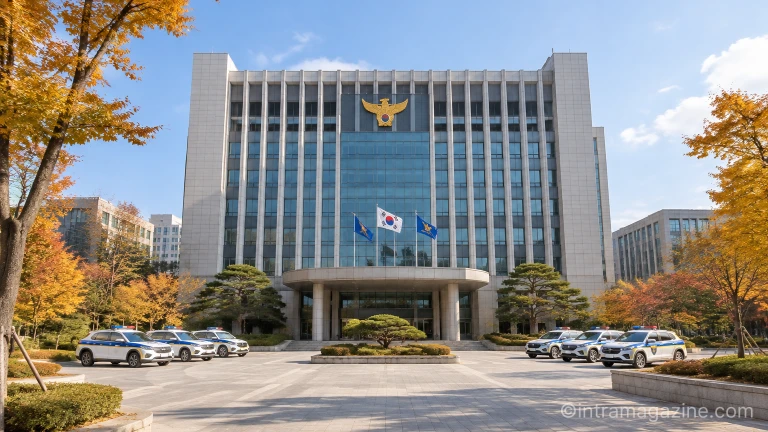 경찰청 본청 건물 외경과 정문에 정차된 순찰차의 모습