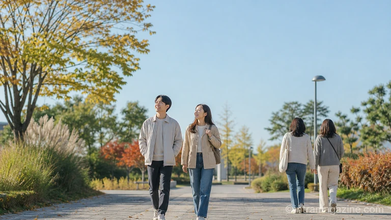 선선한 가을 날씨에 산책하는 사람들