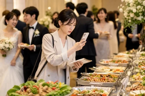 결혼식 뷔페를 둘러보며 평가하는 여성의 모습