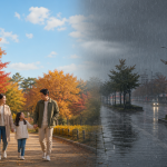 포근한 토요일과 비 오는 일요일의 날씨 변화를 상징적으로 보여주는 이미지