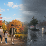 포근한 토요일과 비 오는 일요일의 날씨 변화를 상징적으로 보여주는 이미지