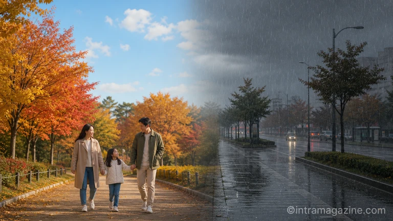 포근한 토요일과 비 오는 일요일의 날씨 변화를 상징적으로 보여주는 이미지