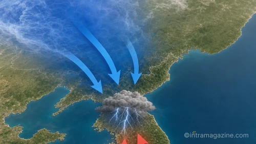 한반도 상공에서 찬 공기와 따뜻한 공기가 충돌하는 기상도