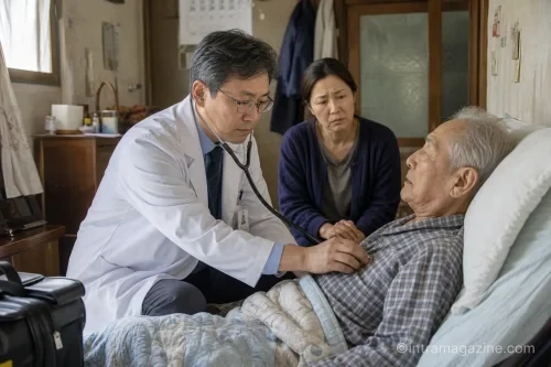 의사가 재택의료를 통해 노인 환자의 자택을 방문해 진료하는 모습