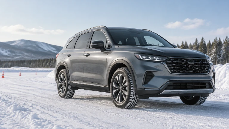 SUV 차량에 장착된 윈터 아이셉트 에보4 타이어의 트레드 패턴과 휠 외관