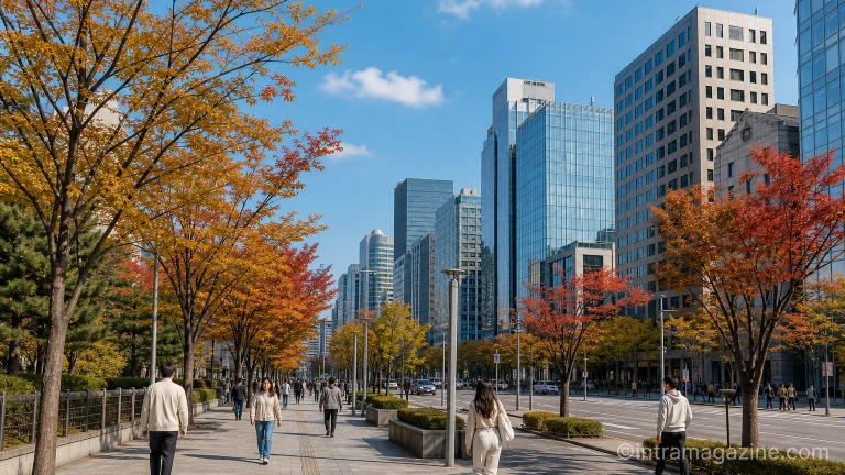 푸른 하늘과 쾌청한 날씨가 펼쳐진 북미 도심 거리 풍경