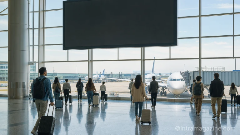 국제공항 대형 안내 전광판과 이동하는 여행객들의 모습