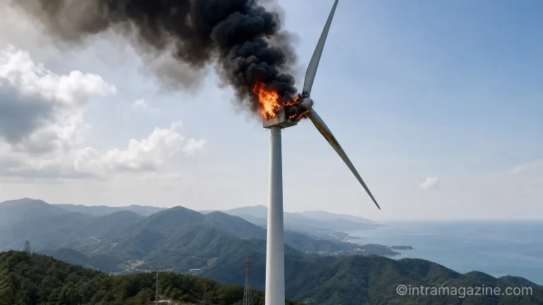 화염과 검은 연기에 휩싸인 영덕 풍력발전기 상부