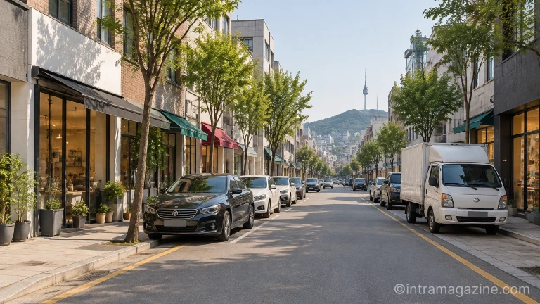 서울 용산구 골목상점가 도로변에 차량들이 주정차되어 있는 낮 거리 모습